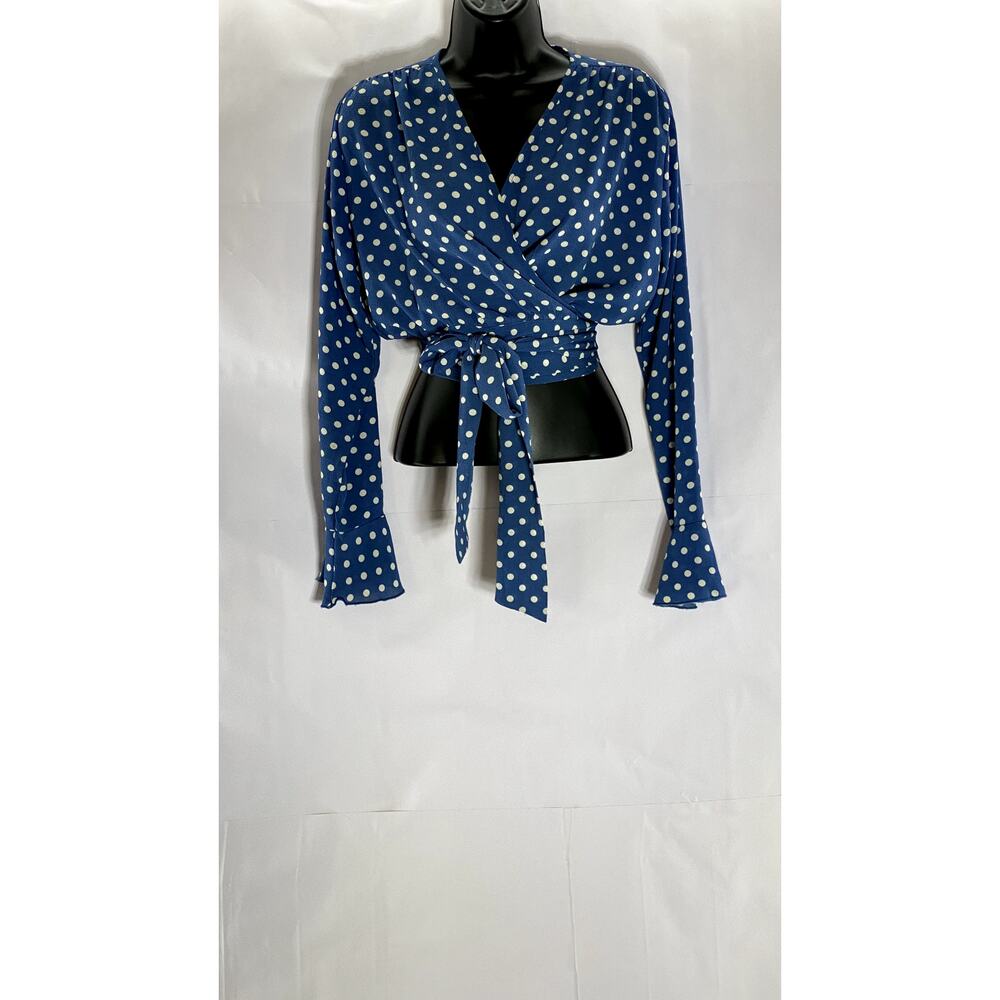 FIVESEVENTYFIVE Women's Blue/White Polka Dot Long Bell Sleeve Wrap Top SZ S